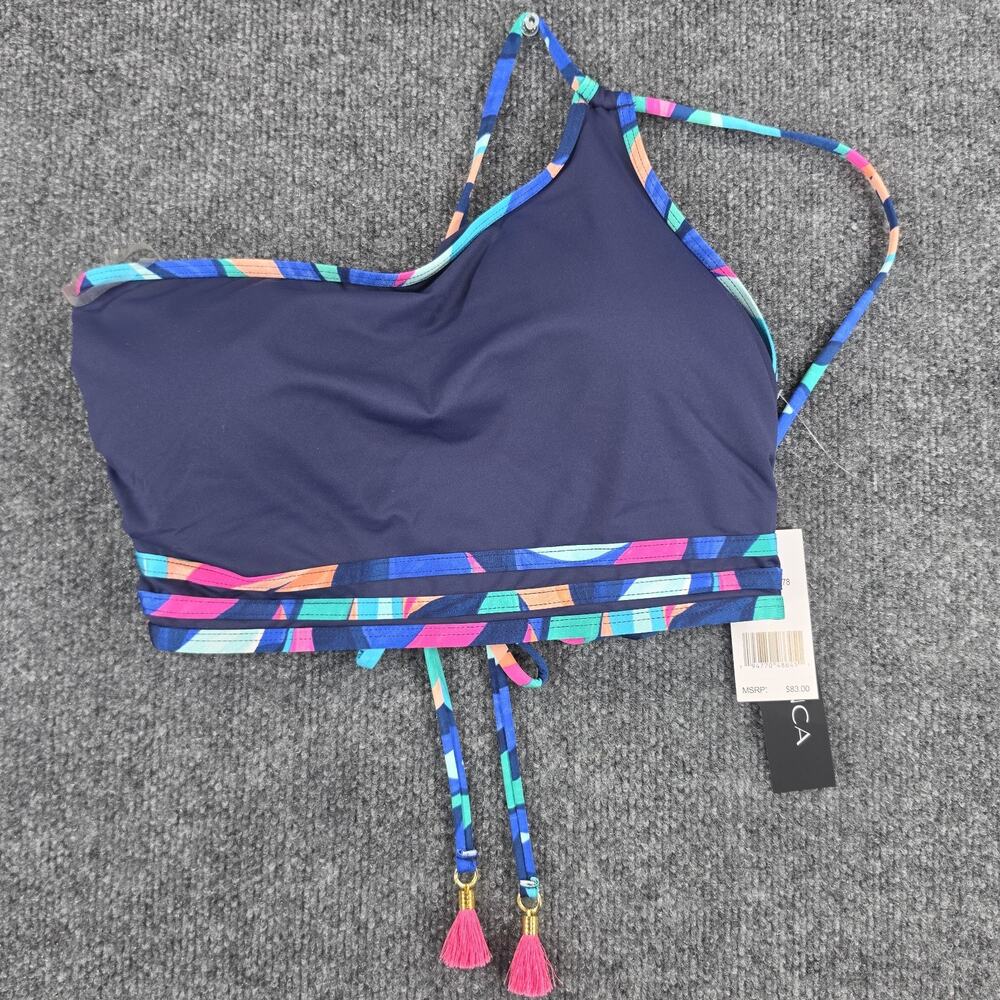 La Blanca Women's One Shoulder Bikini Top Size 12 Navy Multi Tassel Strappy